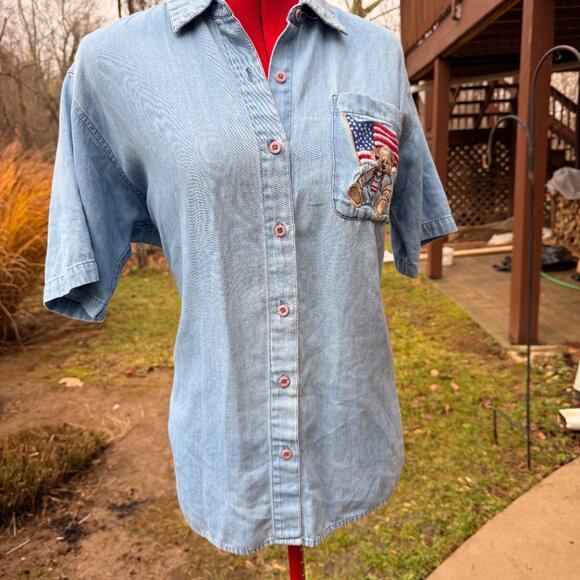 Vintage Northern Reflections Denim Teddy Flag Button Shirt - Picture 2 of 8